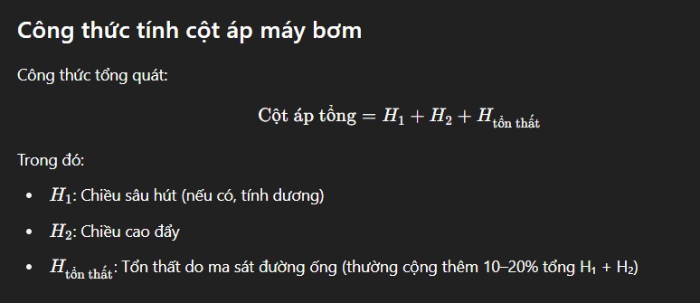 Công thức tính cột áp máy bơm